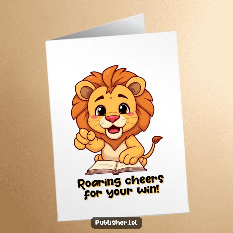 Funny Free Printable Congrats Card: Decisive lion points at a manuscript with pride, roaring victoriously.