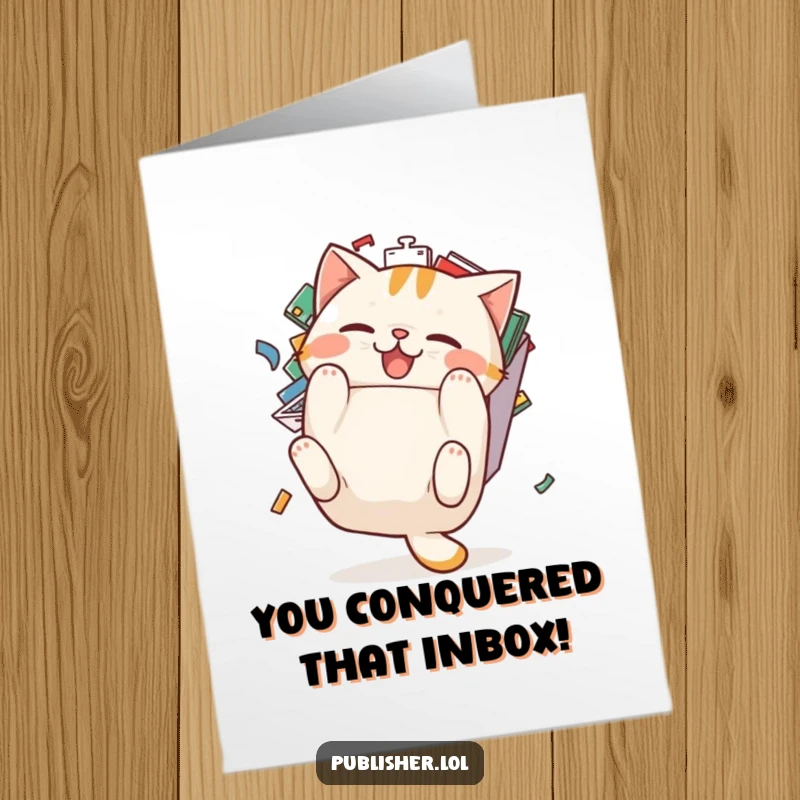 Funny Free Printable Congrats Card: Pudgy cat character tumbling backward from an overflowing inbox, celebrating a huge win.
