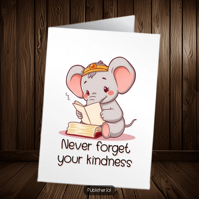 Funny Free Printable Thank You Card: Busy elephant happily sorting through papers with its trunk, a thankful sigh.