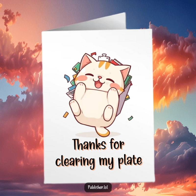 Funny Free Printable Thank You Card: Pudgy cat character falling backward from an overflowing inbox, expressing thanks with a sigh.