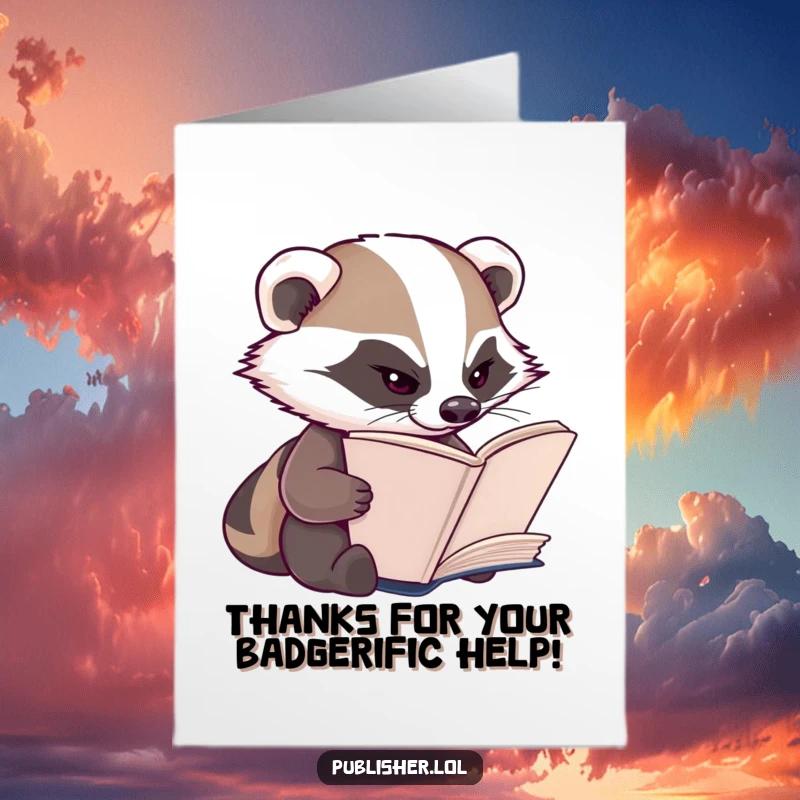 Funny Free Printable Thank You Card: Studious badger examines book pages, offering a humorous nod of thanks.