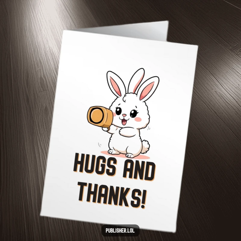Free Printable Thank You Card: A fluffy bunny character stamping a gigantic rubber stamp with enthusiasm, expressing thanks humorously.