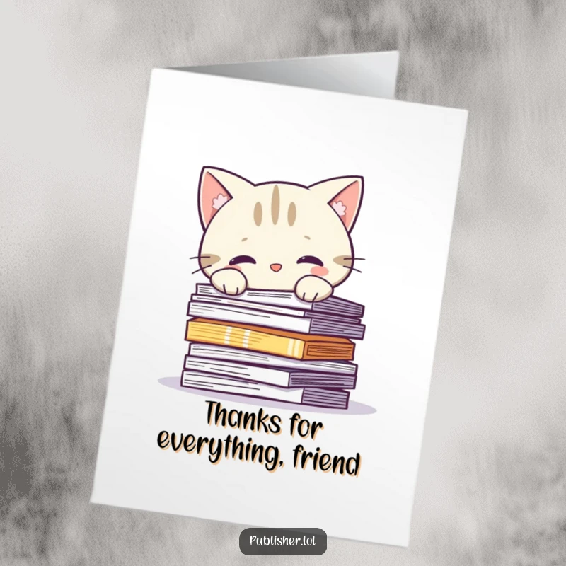 Funny Free Printable Thank You Card: Curious cat character peeking over a pile of printed paper sheets.