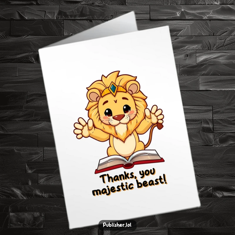 Funny Free Printable Thank You Card: Regal lion character authoritatively directing attention to a specific section in a book layout.