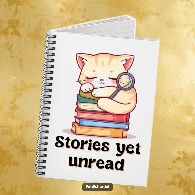 Funny sleepy cat on a stack of books, holding a magnifying glass, notebook cover for mystery lovers.