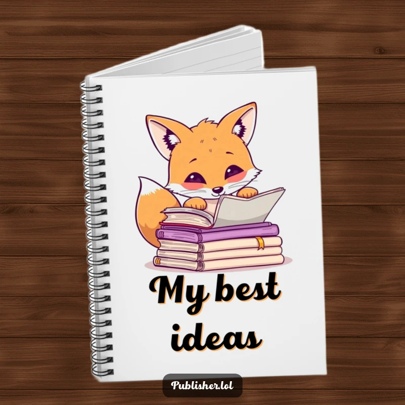 Funny curious fox peering over manuscripts, paw raised in thought, notebook cover for creative minds.
