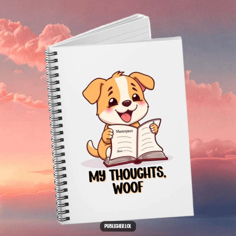 Funny Notebook: Happy dog character barks at a finished manuscript, perfect for journaling writing success.