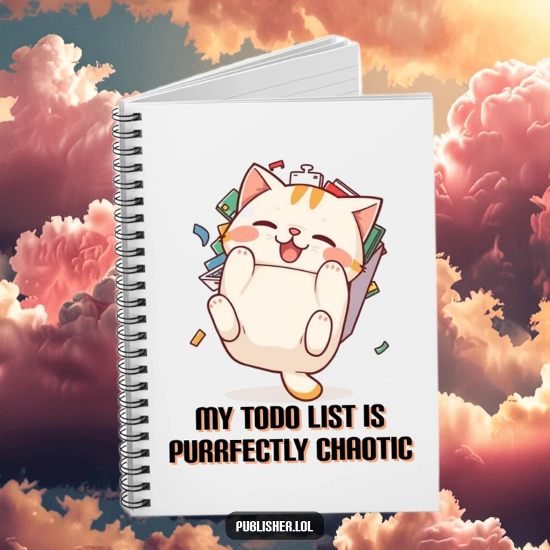 Funny cat notebook: a pudgy cat character comically tumbles backward from an overflowing email inbox, ideal for note-taking.