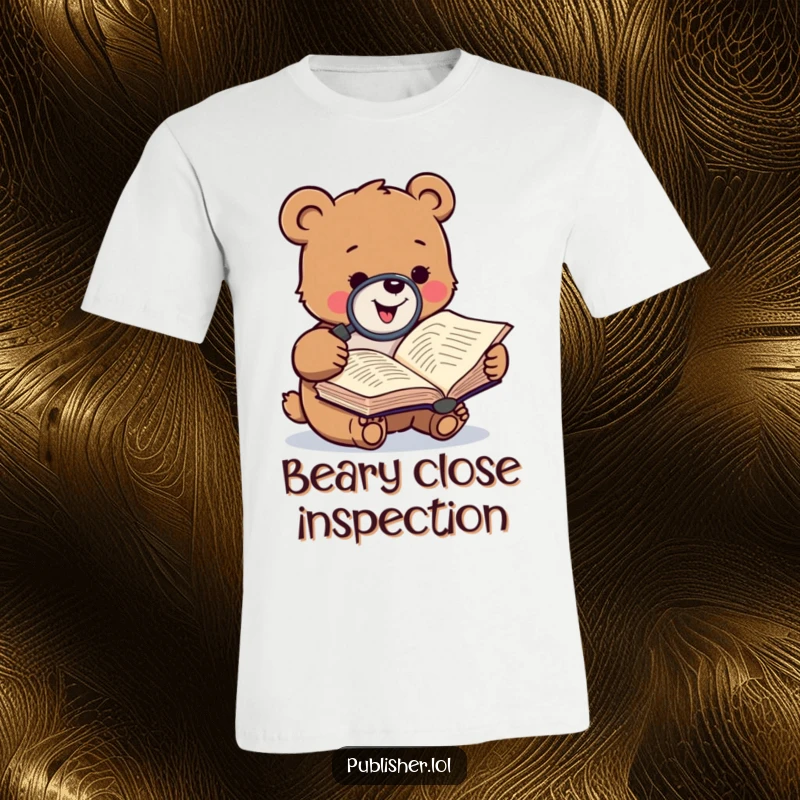 Funny t-shirt with a small, gleeful bear character examining a manuscript through a magnifying glass, representing literary curiosity and fun.