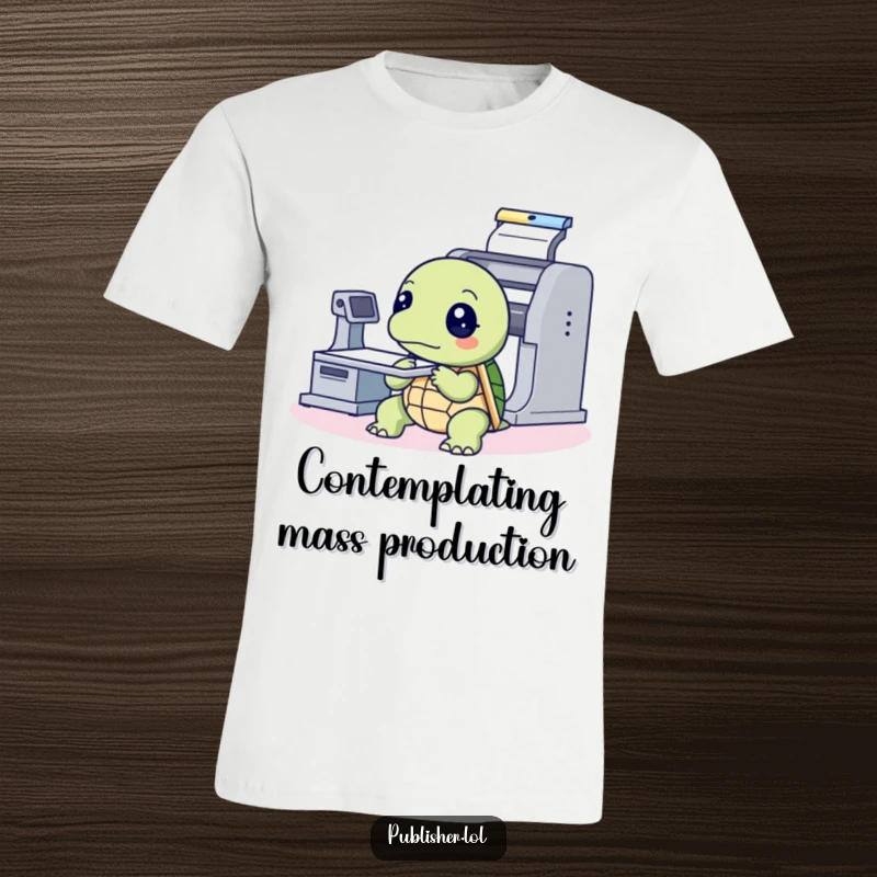 Funny T-Shirt depicting a thoughtful turtle intently observing a printing press machine, celebrating historical technology with humor.
