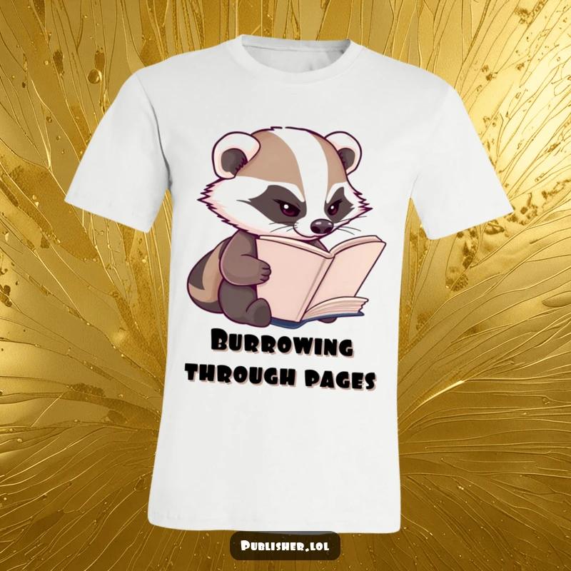 Funny Badger T-Shirt: A diligent badger character squints intently while inspecting the pages of a book.