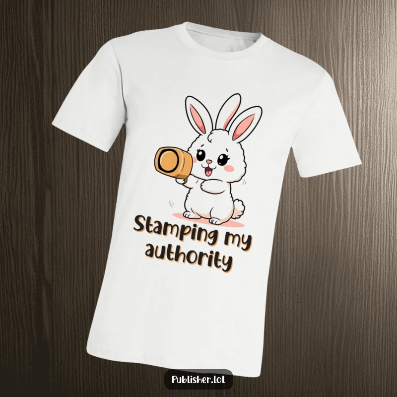 Funny t-shirt with a fluffy bunny character enthusiastically stamping a massive rubber stamp, representing motivation and accomplishment.