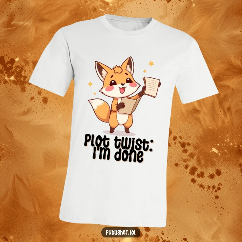 Funny fox t-shirt, tossing a scattered manuscript in the air with a look of sheer amusement, ideal for book lovers.