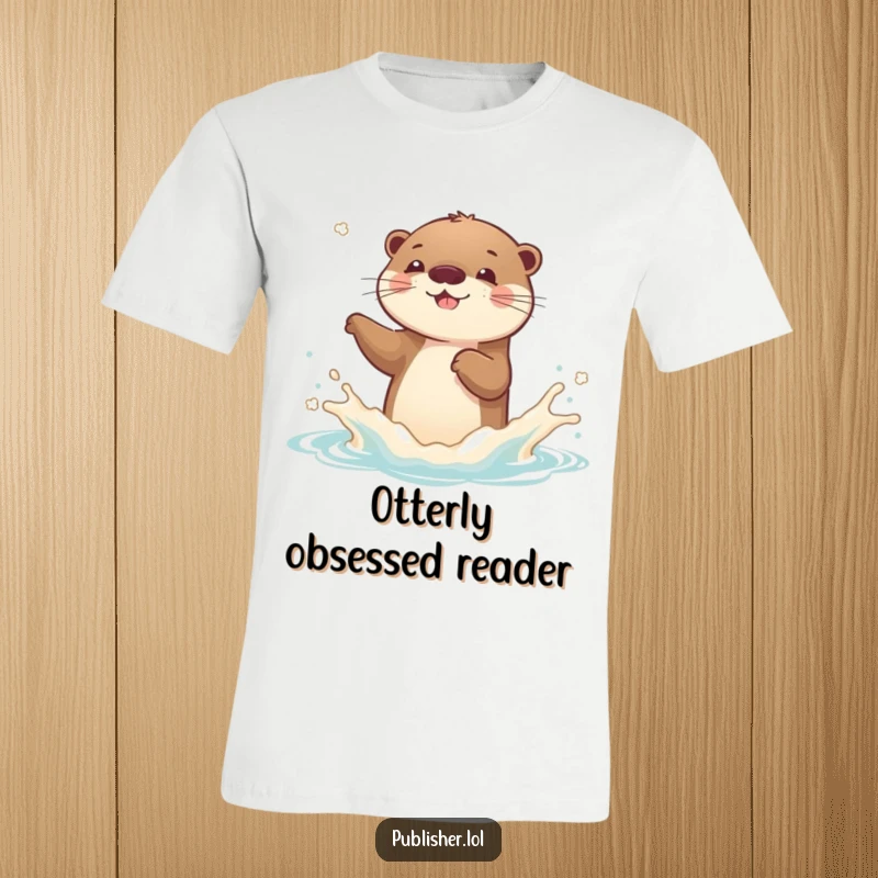 Funny Otter T-Shirt: A playful otter character gleefully splashes a new book cover, radiating pure joy.