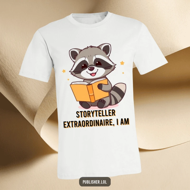 Funny t-shirt featuring a joyful raccoon enthusiastically binding a pile of storybooks, designed for book lovers and humor enthusiasts.