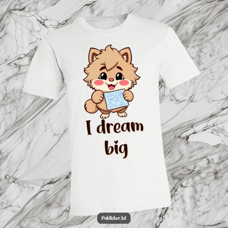 Funny Blueprint Builder T-Shirt with a grinning furry character enthusiastically pointing at a blueprint, celebrating creativity and design.
