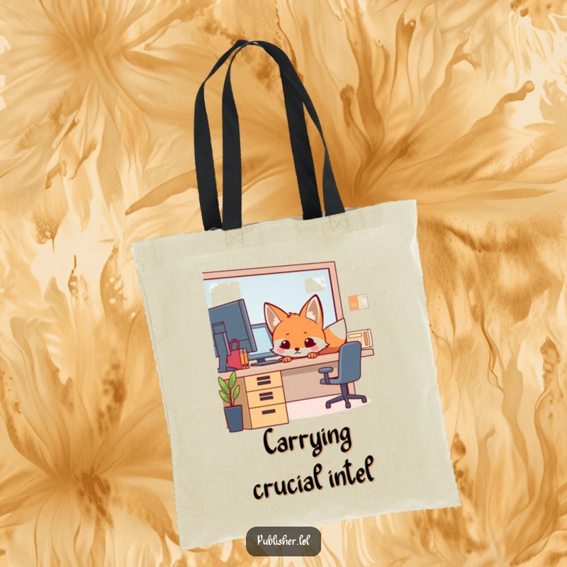 Funny Tote Bag showcasing a curious fox peeking from behind an office desk, ideal for carrying essentials with a humorous, secretive style.
