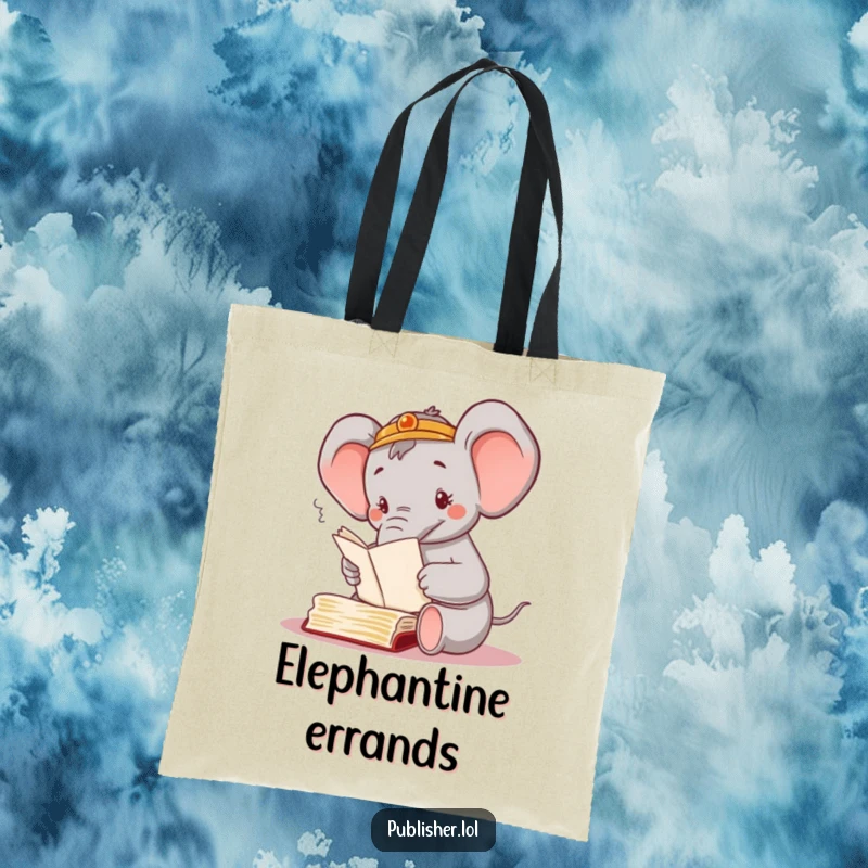 Funny tote bag featuring a busy elephant character sorting through numerous manuscripts with its trunk, symbolizing organized efficiency and contentment.