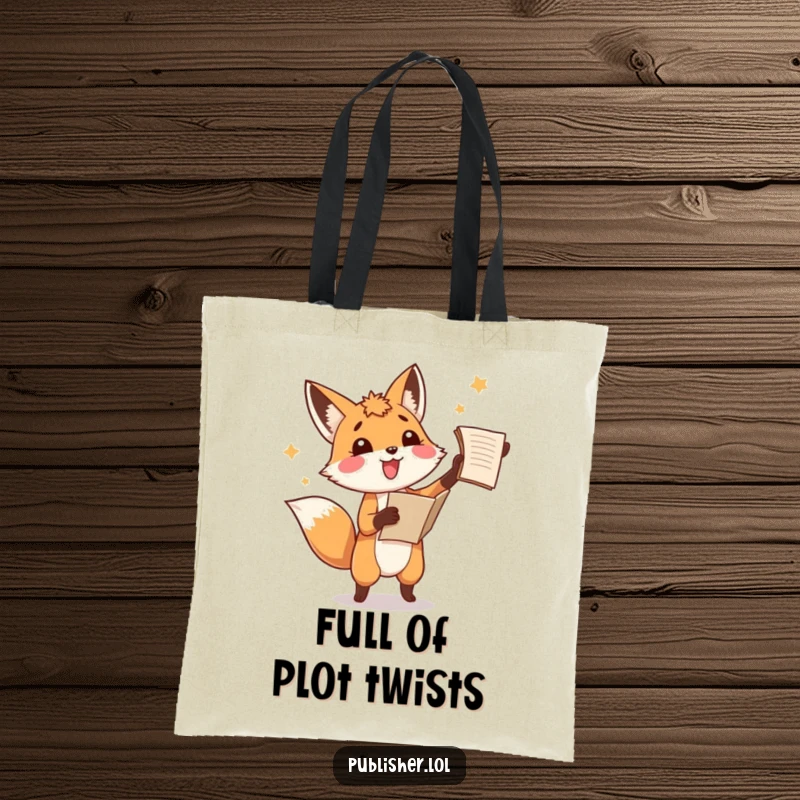 Funny fox tote bag, joyfully tossing scattered manuscript pages in the air with a look of pure amusement for book lovers.
