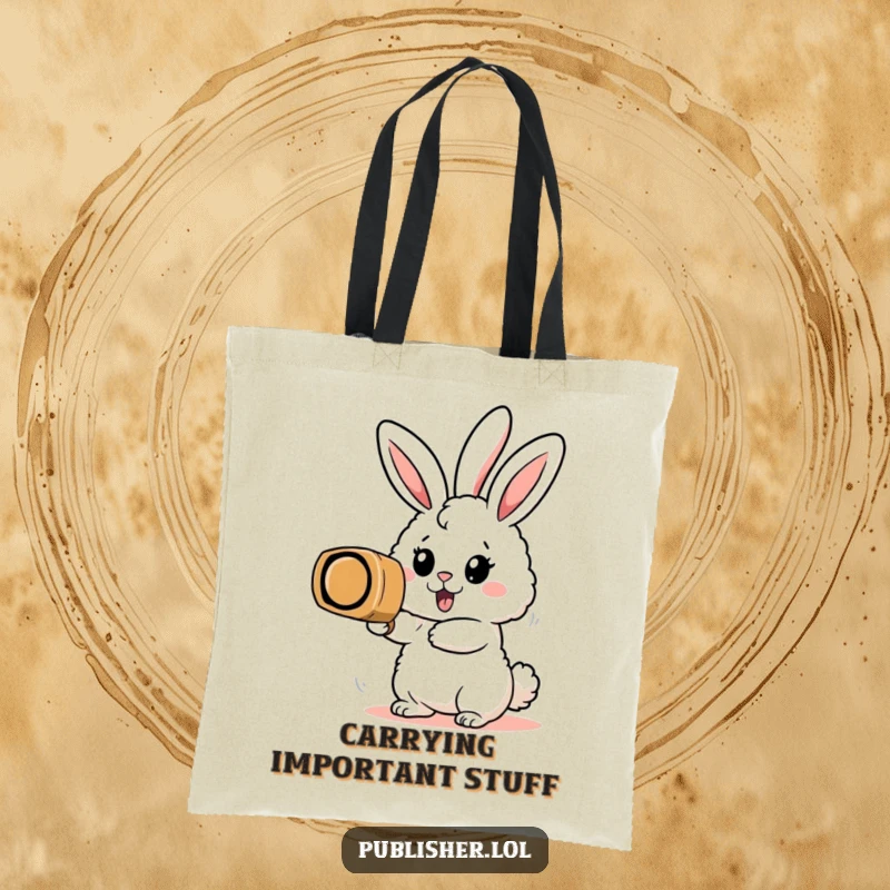 Funny tote bag with an enthusiastic bunny character stamping a huge rubber stamp, symbolizing efficiency and cheerful task completion.