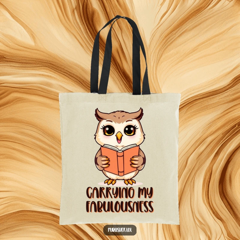Funny cheerful owl character reviewing a book cover design on a durable tote bag, ideal for carrying design supplies humorously.