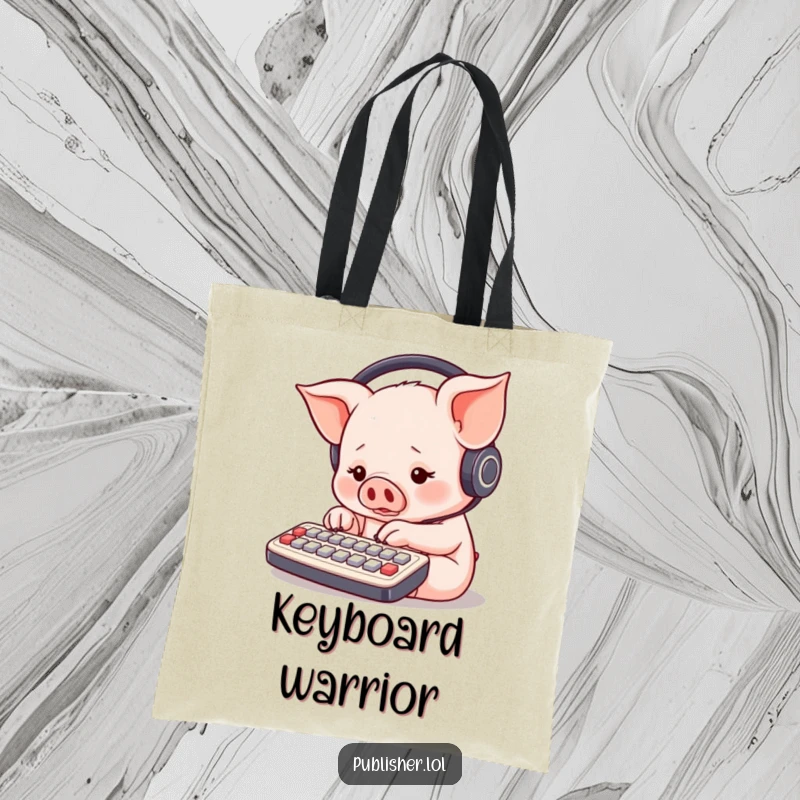 Funny round piglet with headphones, busy typing on a small keyboard with multiple paws, sturdy tote bag for daily use.
